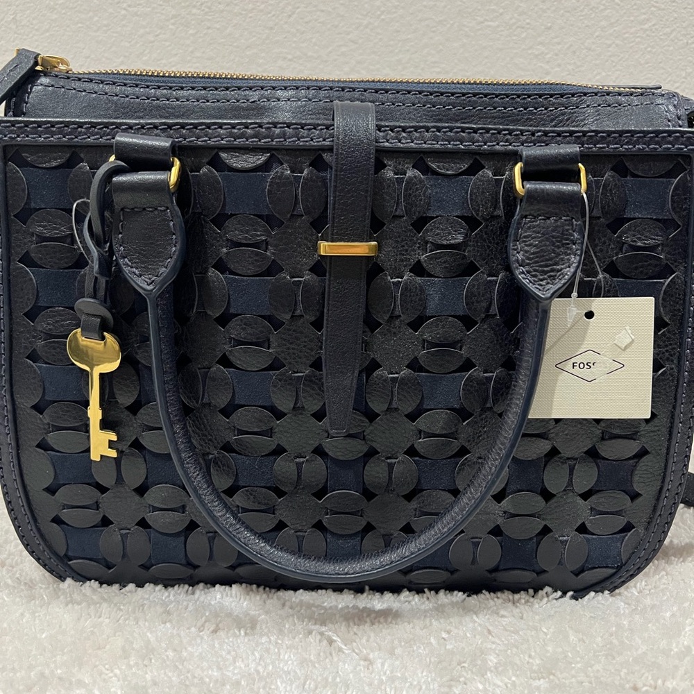 Fossil Navy Woven Leather Floral Cutout Satchel